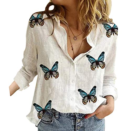 Onsoyours Bluse Damen Elegant Langarm Tunika Sommer Casual Schmetterling Druck Tops Baumwolle Shirts V-Ausschnitt Button Down Lässig Hemd Oberteil C Weiß M von Onsoyours