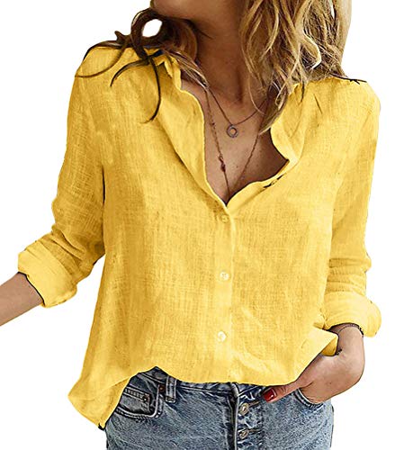 Onsoyours Bluse Damen Elegant Langarm Tunika Sommer Casual Tops Baumwolle Shirts V-Ausschnitt Button Down Lässig Blumen Hemd Oberteil Tops B Gelb M von Onsoyours