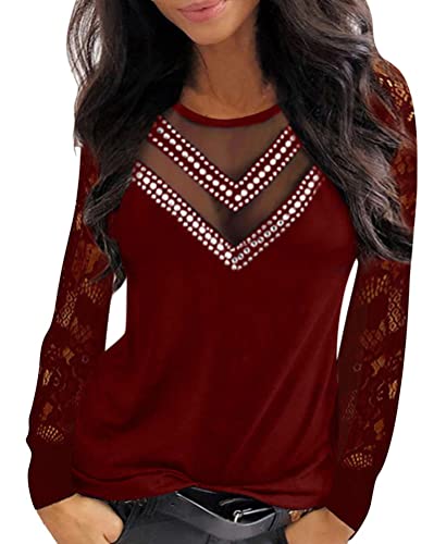 Onsoyours Bluse Damen Elegant Oberteile Mit V-Ausschnitt Slim Fit Tops Spitze Langarmshirt Sexy Hemd Langarm Wickelbluse Elegant Top Tunika E Rot XL von Onsoyours