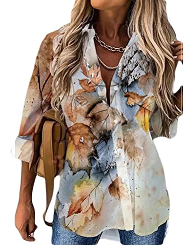 Onsoyours Bluse Damen Elegant V-Ausschnitt Reißverschluss Tunika Hemden Oberteile Langarmshirts Schmetterling Gedruckt Frühling Herbst T-Shirt Tops D Gelb XXL von Onsoyours