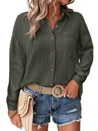 Onsoyours Bluse Damen Lässiges Hemd mit V-Ausschnitt Baumwolle Lockere Passform Solide Dickes Oberteil Elegant Musselin Bluse Damen Arbeit Shirt mit Tasche A Armeegrün XS von Onsoyours