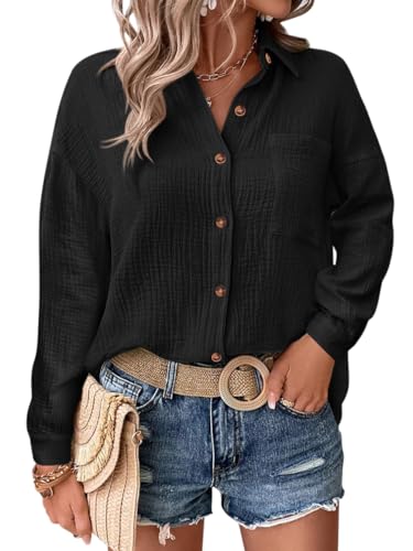 Onsoyours Bluse Damen Lässiges Hemd mit V-Ausschnitt Baumwolle Lockere Passform Solide Dickes Oberteil Elegant Musselin Bluse Damen Arbeit Shirt mit Tasche A Schwarz XS von Onsoyours