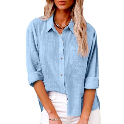 Onsoyours Bluse Damen Musselin Langarmshirt Baumwolle Lässig Oberteile Hemd Langarm Einfarbig Shirts Tops Hemdbluse Longbluse Damen mit Tasche A Hellblau XXL Onsoyours Bluse Damen Musselin Langarmshirt Baumwolle Lässig Oberteile Hemd Langarm Einfarbig Shirts Tops Hemdbluse Longbluse Damen mit Tasche A Hellblau XXL von Onsoyours