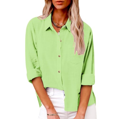 Onsoyours Bluse Damen Musselin Langarmshirt Baumwolle Lässig Oberteile Hemd Langarm Einfarbig Shirts Tops Hemdbluse Longbluse Damen mit Tasche A Hellgrün L von Onsoyours