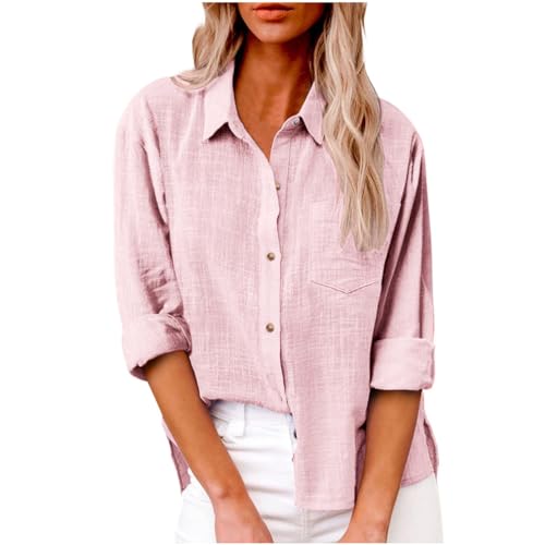 Onsoyours Bluse Damen Musselin Langarmshirt Baumwolle Lässig Oberteile Hemd Langarm Einfarbig Shirts Tops Hemdbluse Longbluse Damen mit Tasche A Hellrosa L von Onsoyours