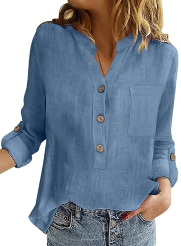 Onsoyours Bluse Damen Sommer Baumwolle Leinen Revers Shirts Langarm V-Ausschnitt Blusehemd Elegante Button-down Oberteile Casual Business Tops Blau XL von Onsoyours