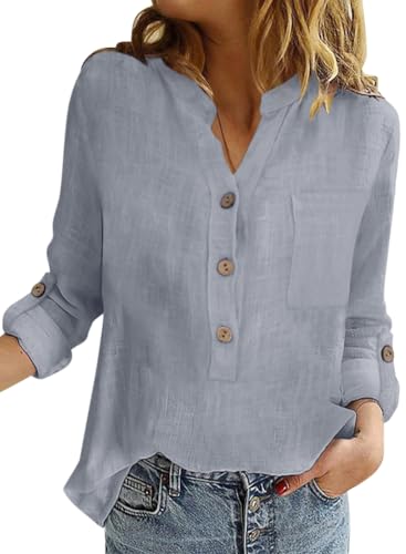 Onsoyours Bluse Damen Sommer Baumwolle Leinen Revers Shirts Langarm V-Ausschnitt Blusehemd Elegante Button-down Oberteile Casual Business Tops Grau XXL von Onsoyours