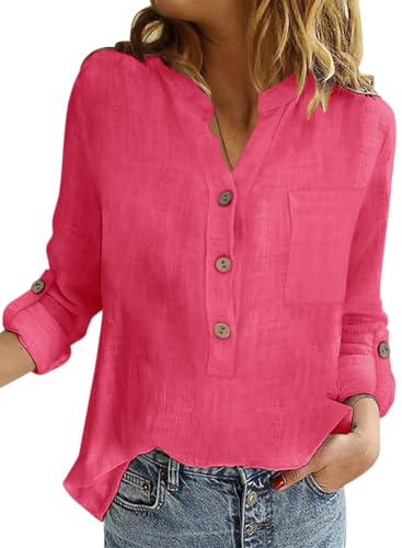 Onsoyours Bluse Damen Sommer Baumwolle Leinen Revers Shirts Langarm V-Ausschnitt Blusehemd Elegante Button-down Oberteile Casual Business Tops LilaRot M von Onsoyours