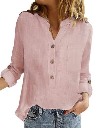 Onsoyours Bluse Damen Sommer Baumwolle Leinen Revers Shirts Langarm V-Ausschnitt Blusehemd Elegante Button-down Oberteile Casual Business Tops Rosa M von Onsoyours