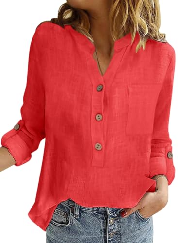 Onsoyours Bluse Damen Sommer Baumwolle Leinen Revers Shirts Langarm V-Ausschnitt Blusehemd Elegante Button-down Oberteile Casual Business Tops Rot XXL von Onsoyours