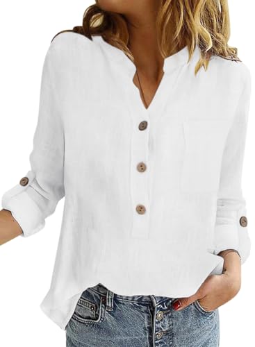 Onsoyours Bluse Damen Sommer Baumwolle Leinen Revers Shirts Langarm V-Ausschnitt Blusehemd Elegante Button-down Oberteile Casual Business Tops Weiß L von Onsoyours