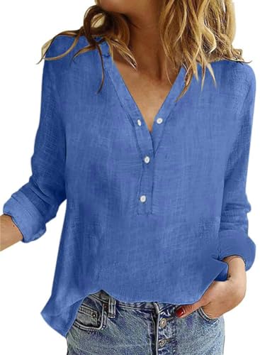 Onsoyours Bluse Damen Sommer Baumwolle Leinen Revers Shirts Langarm V-Ausschnitt Blusehemd Elegante Button-down Oberteile Casual Business Tops Z1 Blau 3XL von Onsoyours