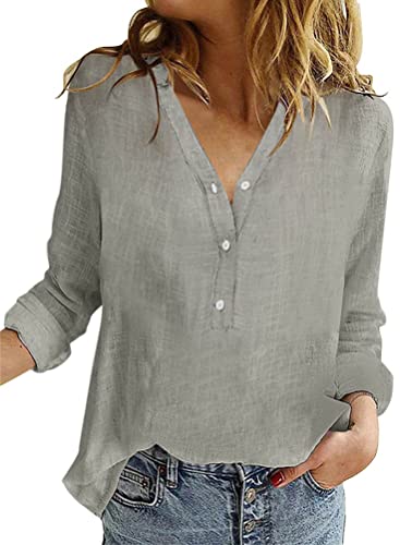 Onsoyours Bluse Damen Sommer Baumwolle Leinen Revers Shirts Langarm V-Ausschnitt Blusehemd Elegante Button-down Oberteile Casual Business Tops Z1 Grau XXL von Onsoyours