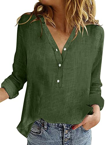 Onsoyours Bluse Damen Sommer Baumwolle Leinen Revers Shirts Langarm V-Ausschnitt Blusehemd Elegante Button-down Oberteile Casual Business Tops Z1 Grün XL von Onsoyours