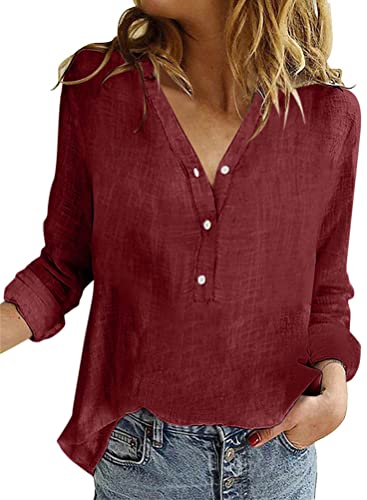 Onsoyours Bluse Damen Sommer Baumwolle Leinen Revers Shirts Langarm V-Ausschnitt Blusehemd Elegante Button-down Oberteile Casual Business Tops Z1 Rot 3XL von Onsoyours