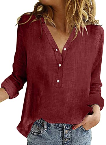 Onsoyours Bluse Damen Sommer Baumwolle Leinen Revers Shirts Langarm V-Ausschnitt Blusehemd Elegante Button-down Oberteile Casual Business Tops Z1 Rot M von Onsoyours