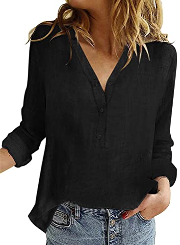 Onsoyours Bluse Damen Sommer Baumwolle Leinen Revers Shirts Langarm V-Ausschnitt Blusehemd Elegante Button-down Oberteile Casual Business Tops Z1 Schwarz XXL von Onsoyours