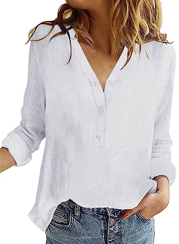 Onsoyours Bluse Damen Sommer Baumwolle Leinen Revers Shirts Langarm V-Ausschnitt Blusehemd Elegante Button-down Oberteile Casual Business Tops Z1 Weiß XS von Onsoyours