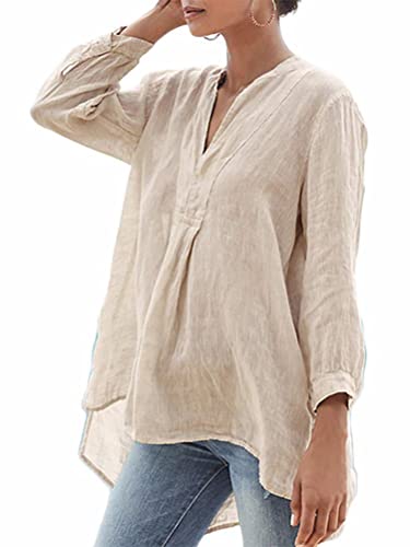 Onsoyours Bluse Damen Sommer Casual V-Ausschnitt Langarmshirt Oberteile Lose Tops Große Größen Leinenbluse Tunika Einfarbig Hemd Blusen Shirts B Beige M von Onsoyours