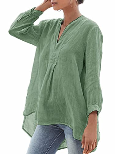 Onsoyours Bluse Damen Sommer Casual V-Ausschnitt Langarmshirt Oberteile Lose Tops Große Größen Leinenbluse Tunika Einfarbig Hemd Blusen Shirts B Grün 3XL von Onsoyours