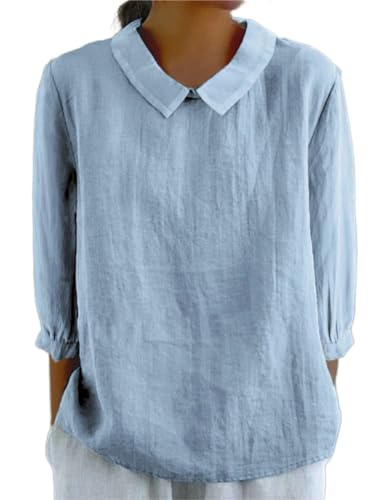 Onsoyours Bluse Damen Sommer Elegant Leinenbluse Einfarbig Blusenshirt Revers Rundhals Leinenhemd Langarm Oberteile Lose Pullover Top Freizeithemd Blusehemd Tunika A Hellblau L von Onsoyours