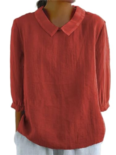 Onsoyours Bluse Damen Sommer Elegant Leinenbluse Einfarbig Blusenshirt Revers Rundhals Leinenhemd Langarm Oberteile Lose Pullover Top Freizeithemd Blusehemd Tunika A Rot L von Onsoyours