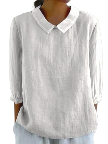 Onsoyours Bluse Damen Sommer Elegant Leinenbluse Einfarbig Blusenshirt Revers Rundhals Leinenhemd Langarm Oberteile Lose Pullover Top Freizeithemd Blusehemd Tunika A Weiß XXL von Onsoyours