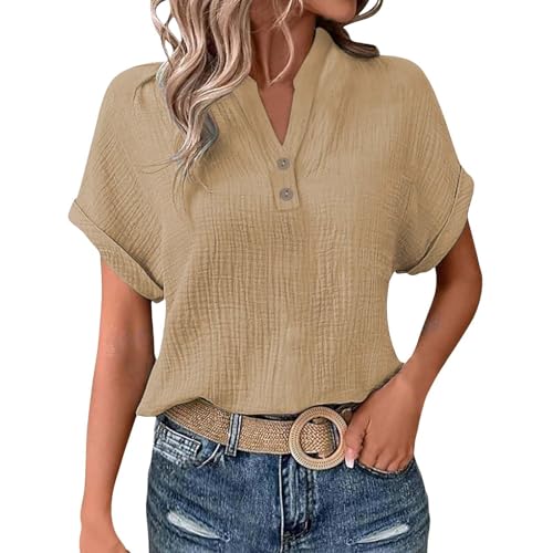 Onsoyours Bluse Damen Sommer Kurzarm Musselin Blusenshirt Elegant Hemdbluse Sommerbluse Damenblusen A Kamel 3XL von Onsoyours