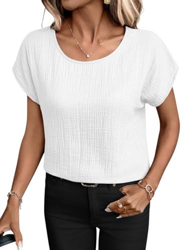 Onsoyours Bluse Damen Sommer Musselin Rundhals Oberteile Elegant Basic Kurzarm Tshirt A Weiß XL von Onsoyours