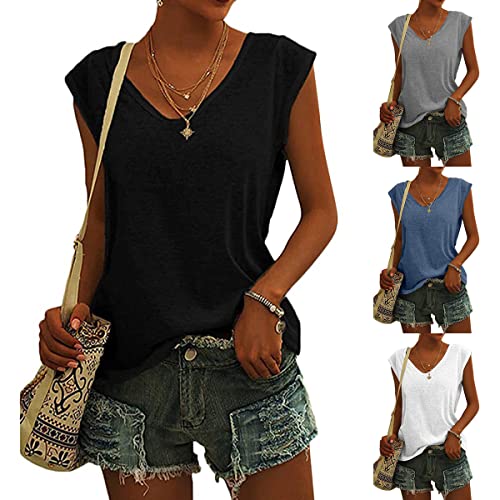 Onsoyours Bluse Damen Sommer Oberteile Elegant Ärmellos T-Shirt Frauen Shirts Tops Einfarbig V-Ausschnitte Casual Locker Tshirt Tunika A Schwarz XXL von Onsoyours