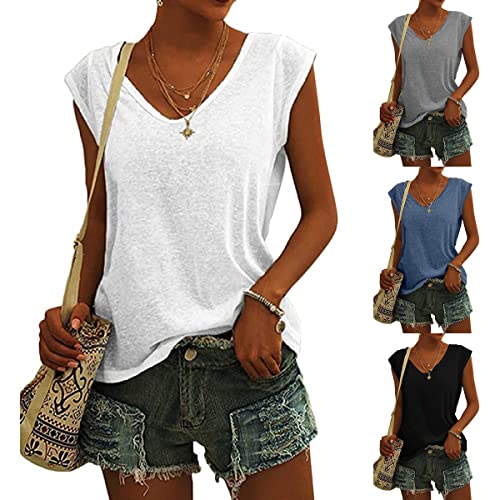 Onsoyours Bluse Damen Sommer Oberteile Elegant Ärmellos T-Shirt Frauen Shirts Tops Einfarbig V-Ausschnitte Casual Locker Tshirt Tunika A Weiß XXL von Onsoyours