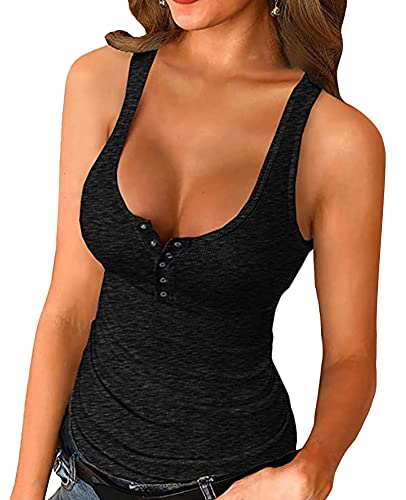 Onsoyours Bluse Damen T-Shirt Damen Ärmellose V-Ausschnitt Shirts Trägershirts Button Up Gerippte Damen Tunika Shirts Tops B Schwarz L von Onsoyours