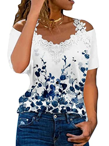 Onsoyours Blusen Damen Spitzen Kurzarm T-Shirt Casual Lose Tops Elegante Hemdbluse Sexy Schulterfreies Shirts Einfarbig Hemd Oberteile Tunika Top 02 Blau S von Onsoyours