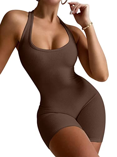 Onsoyours Bodysuit Damen Langarm Jumpsuit Sexy Sommer Overall Kurz Einteiler Bodysuit U-Ausschnitt Bodycon Shorts Hosenanzug Sport Playsuit Y2K Streetwear A Braun XS von Onsoyours