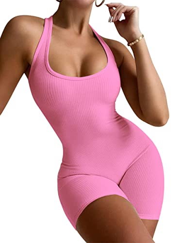 Onsoyours Bodysuit Damen Langarm Jumpsuit Sexy Sommer Overall Kurz Einteiler Bodysuit U-Ausschnitt Bodycon Shorts Hosenanzug Sport Playsuit Y2K Streetwear A Rosa S von Onsoyours