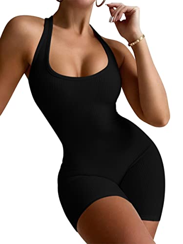 Onsoyours Bodysuit Damen Langarm Jumpsuit Sexy Sommer Overall Kurz Einteiler Bodysuit U-Ausschnitt Bodycon Shorts Hosenanzug Sport Playsuit Y2K Streetwear A Schwarz XS von Onsoyours