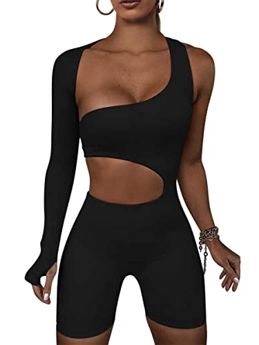 Onsoyours Bodysuit Damen Langarm Jumpsuit Sexy Sommer Overall Kurz Einteiler Bodysuit U-Ausschnitt Bodycon Shorts Hosenanzug Sport Playsuit Y2K Streetwear G Schwarz XS von Onsoyours