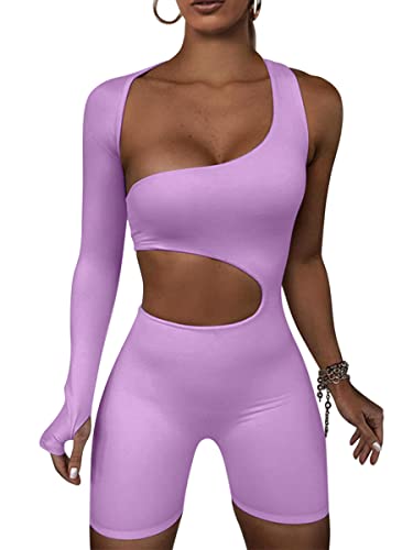 Onsoyours Bodysuit Damen Langarm Jumpsuit Sexy Sommer Overall Kurz Einteiler Bodysuit U-Ausschnitt Bodycon Shorts Hosenanzug Sport Playsuit Y2K Streetwear G Violett S von Onsoyours