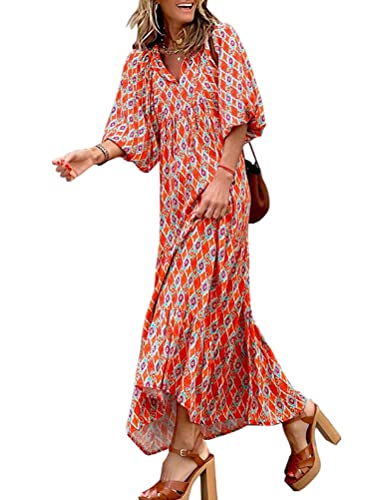 Onsoyours Boho Kleider Damen Elegant Kurzarm mit V-Ausschnitt Strandkleider Boho Blumendruck Lose Maxi Swing Kleider H Orange L von Onsoyours