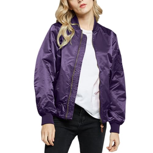 Onsoyours Bomberjacke Damen Casual Pilotenjacke Langarm Outwear Zip Up Bomber Jacket Solid Leichte Coat Herbst Bikerjacke Sweatjacke Übergangsjacke A Violett M von Onsoyours