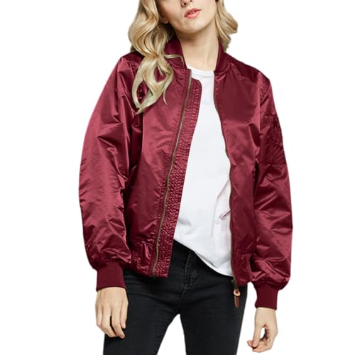 Onsoyours Bomberjacke Damen Casual Pilotenjacke Langarm Outwear Zip Up Bomber Jacket Solid Leichte Coat Herbst Bikerjacke Sweatjacke Übergangsjacke A Weinrot L von Onsoyours