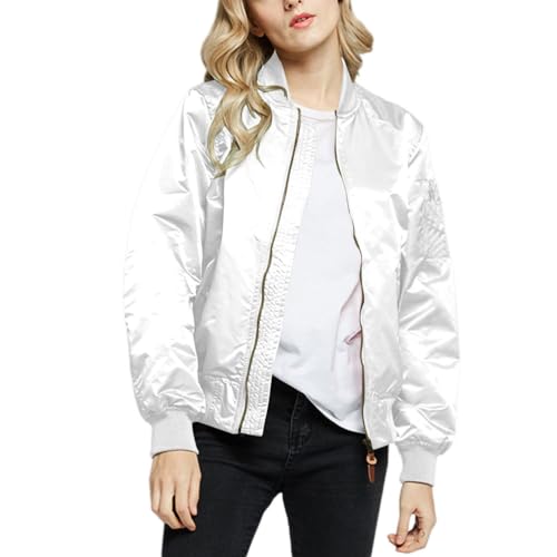 Onsoyours Bomberjacke Damen Casual Pilotenjacke Langarm Outwear Zip Up Bomber Jacket Solid Leichte Coat Herbst Bikerjacke Sweatjacke Übergangsjacke A Weiß L von Onsoyours