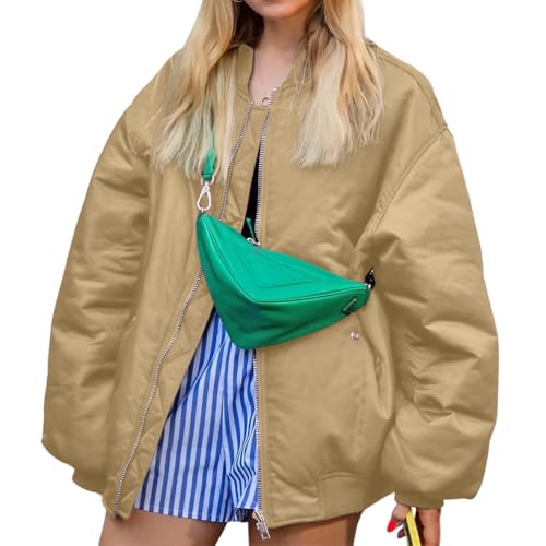 Onsoyours Bomberjacke Damen Stehkragen Blouson Jacke Casual Pilotenjacke Langarm Reißverschluss Warm Übergangsjacke Wintermantel A Khaki XL von Onsoyours