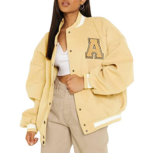 Onsoyours Bomberjacke Damen Sweatjacke College Sweat Jacket Reißverschluss Frauen Oversized Patchwork Jacke Vintage Druck Jacken Baseball Mantel Sport Jacke E Aprikose XS von Onsoyours