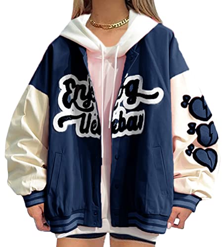 Onsoyours Bomberjacke Damen Sweatjacke College Sweat Jacket Reißverschluss Für Frauen Oversized Patchwork Jacke Vintage Druck Jacken Baseball Mantel Sport Jacke Z Blau M von Onsoyours