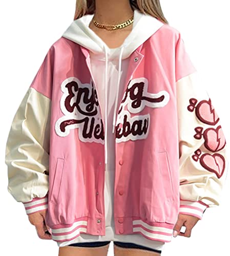 Onsoyours Bomberjacke Damen Sweatjacke College Sweat Jacket Reißverschluss Für Frauen Oversized Patchwork Jacke Vintage Druck Jacken Baseball Mantel Sport Jacke Z Rosa M von Onsoyours