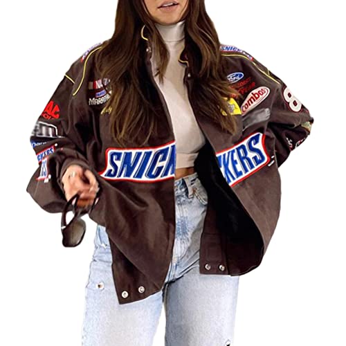 Onsoyours Bomberjacke Damen Sweatjacke Ladies College Sweat Jacket Druckknopf Für Frauen Oversized Patchwork Jacke Vintage Brief Druck Jacken Baseball Mantel P1 Kaffee L von Onsoyours