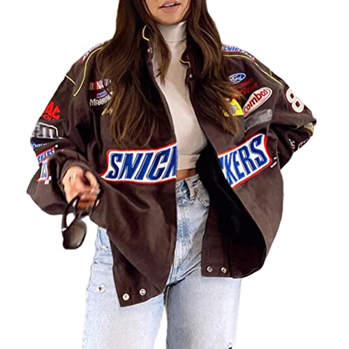 Onsoyours Bomberjacke Damen Sweatjacke Ladies College Sweat Jacket Druckknopf Für Frauen Oversized Patchwork Jacke Vintage Brief Druck Jacken Baseball Mantel P1 Kaffee XS von Onsoyours