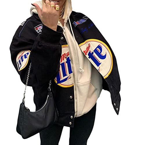 Onsoyours Bomberjacke Damen Sweatjacke Ladies College Sweat Jacket Druckknopf Für Frauen Oversized Patchwork Jacke Vintage Brief Druck Jacken Baseball Mantel Q1 Schwarz L von Onsoyours