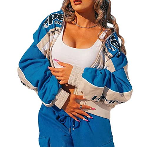 Onsoyours Bomberjacke Damen Sweatjacke Ladies College Sweat Jacket Druckknopf Für Frauen Oversized Patchwork Jacke Vintage Brief Druck Jacken Baseball Mantel R1 Blau XL von Onsoyours